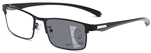 MAGIMODAC Selbsttönende Gleitsicht Lesebrille Gleitsichtbrille Progressive Multifokale Blaulichtfilter Photochrome Herren Damen Metall Rechteckige UV Schutz Sonnenlesebrille Schwarz 3.50