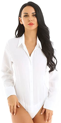 Zaldita Body de una pieza para mujer, de corte alto, blusa, cuello vuelto, blusas de camisa de negocios, oficina, camisa, blusa, ropa interior, ropa de fiesta, Blanco, XL