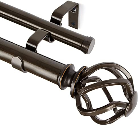 KAMANINA 1 Inch Double Curtain Rods 36 to 72 Inches (3-6 Feet) Window Telescoping Drapery Rod, Antique Bronze Heavy Duty Curtain Rods for Windows 24 to 68 Inches, Twisted Cage Finials