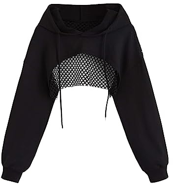 GORGLITTER Damen Super Crop Hoodie Fischnetz Kapuzenpullover Cropped Kapuzensweatshirt mit Tunnelzug