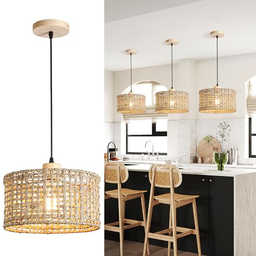 Mgcanyu Hand-Woven Rattan Pendant Light, 11.8 Bohemian 1-Light Natural Wicker Hanging Lighting Fixture Ceiling Farmhouse Basket Hanging Lamp Chandelier for Kitchen Island, Living Dining Room
