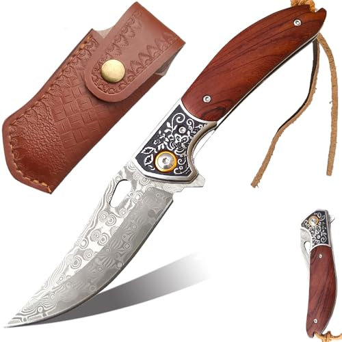 JINPIKER Damast Taschenmesser Klappmesser Damastmesser mit Damaststahl Klinge, Holzgriff, Flipper, Messerscheide Leder - Angelmesser Scharf Einhandmesser EDC Messer für Outdoor Survival Camping Jagd