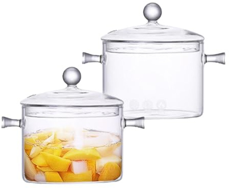 Hyuetrsa 2 Pcs Glass Saucepan with Cover, 1.5 L/ 50 oz Heat-resistant Glass Stovetop Pot and Pan with Lid, Clear Simmer Pot Cookware Set for Pasta Noodle, Soup, Milk
