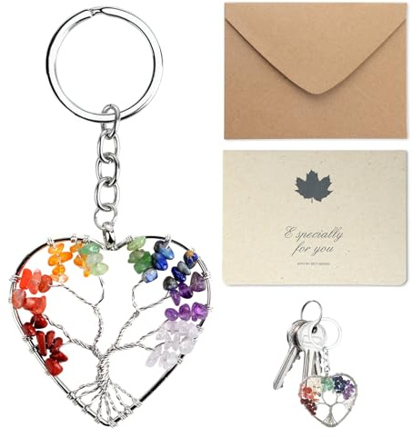 Miunpri Porte Clef d'Arbre de Vie Original, Pendentif 7 Chakra Bijoux Guérison Forme Coeur en Cristal Coloré Décoration Chic pour Couple Ami Cadeau Porte Bonheur pour Anniversaire Saint Valentin