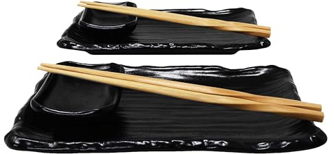 MystiCalls Set di stoviglie per sushi per 2 persone, colore: nero, set da portata con 2 piatti per sushi, ciotole per sushi, bacchette, AMJ-002