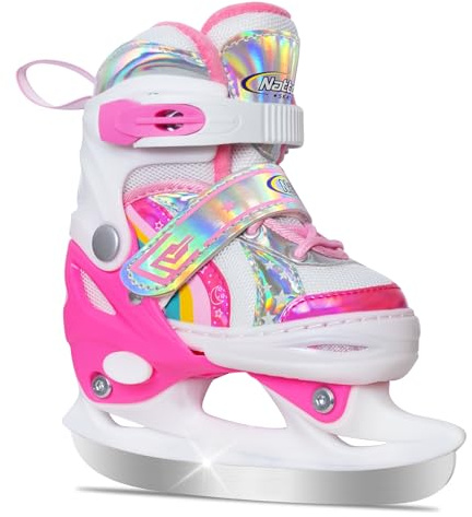 Nattork Girls Ice Skates for 4 Size Adjustable Rainbow Ice Skate with Fleece Lining for Outdoor & Rink (Pink, XS)
