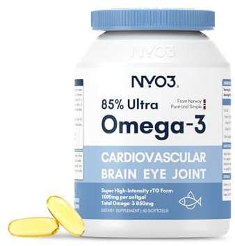 NYO3 Olio di Pesce Omega 3 2000mg (800mg EPA, 600mg DHA), 85% di alta potenza. Acidi grassi essenziali per cuore, cervello e articolazioni. Senza retrogusto pescato, Non OGM, 60 capsule
