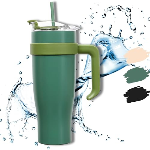 HAPPYCOSAS Bicchiere termico con cannuccia e manico, 1,2L, adatto al portabicchieri auto, doppia parete isolante, coperchio ermetico, mantiene caldo/freddo.