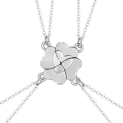 4PCS, Vierblättriges Kleeblatt Freundschaft Halsketten für 4 Mädchen, BFF Magnetische Halskette, Beste Freunde Halsketten Passende Halskette, Valentin Schmuck für Kinder Freunde Schwestern, Silber