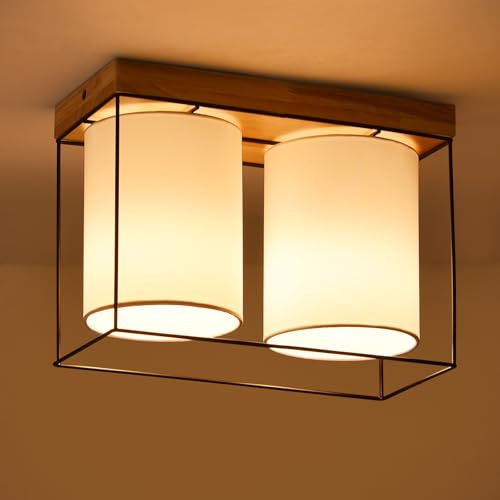 CBJKTX Deckenlampe Schlafzimmer Deckenleuchte Vintage - 2 Flammig E14 Holz | Küchenlampe mit Stoff-Lampenschirm Industrial Retro Schlafzimmerlampe für Küche Wohnzimmer Esszimmer (ohne Leuchtmittel)