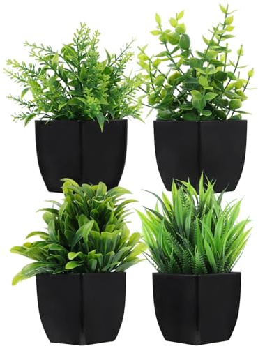 HOLIDYOYO 4 Kleiner Topfpflanzen in Schwarzem Topf, Künstlich, für Zuhause | Kunststoff, Elegante Naturgetreue Optik, Platzsparendes 4 Stück, für Schreibtische und Räume