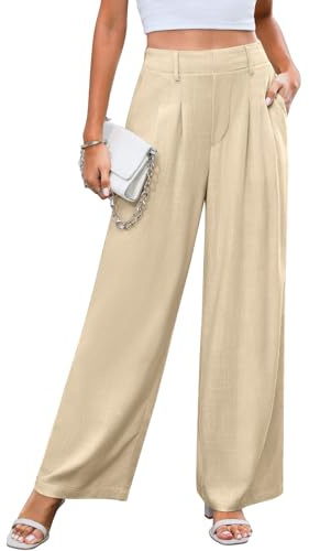 CMTOP Pantalon Lin Femme Été à Jambe Droite Ample Décontracté Fluide Taille Haute avec Cordon de Serrage Elastique et Poches