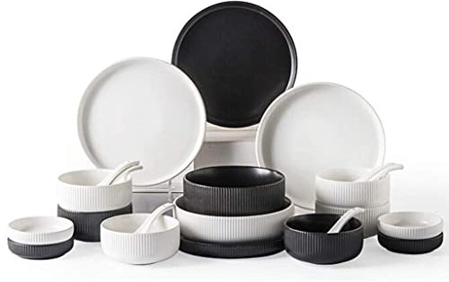 MYUYEE Service de tableService de Table en céramique 22 pièces à Rayures Verticales en Relief Noir et Blanc - Bol/Plat/cuillère | Assiettes à dîner en Porcelaine，