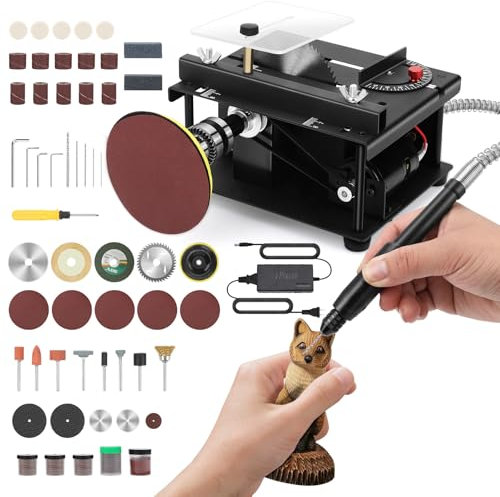 Mini Scie de Table, Scie Circulaire Compacte avec Ponceuse à Bande,100W Multifonctionnelle Portable de Précision pour Bricolage, Mini Scie de Table, 5 Lames, 30mm Lame pour Travaux du Bois et DIY