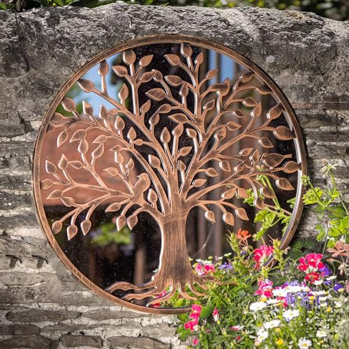 Dawsons Living Outdoor Round Garden Tree of Life Wall Mirror - Grey or Copper with Robin Birds Makes a Ideal Memorial Decor 650mm x 650mm (Copper, 65cm Round Tree of Life)