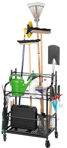 eluno Organisateur d'outils de jardin avec étagères et paniers – Système de rangement idéal pour les outils domestiques et de jardin tels que balais, râteaux, bêches, etc. En acier noir