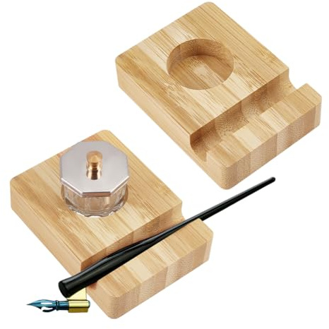 BENECREAT 2 ensemble de Porte Bouteilles D'Encre en Bois Porte Stylo de Bureau avec Flacon D'Encre de 8 ml pour le Stockage de L'Encre Liquide Passionnés de Peinture et de Calligraphie Fente: 12.5mm
