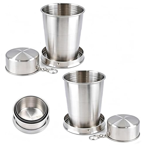PHMING 2er Set Faltbecher Edelstahl 150ml, Edelstahlbecher mit Deckel | Zusammenklappbare Metallbecher für Outdoor, Camping, Reisen & Wandern
