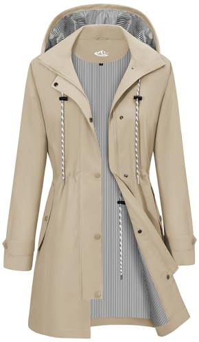 CMTOP Giacca Impermeabile Donna Cappuccio Antivento Trench Traspirante Leggero Parka, Lungo All'aperto Cappotto Per Primavera e Autunnale Ripiegabili Softshell Raincoat