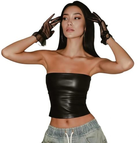 Women's PU Tube Tops, Black Leather Strapless Bandeau Top, Sexy Off The Shoulder Skinny Vest, Shiny Metallic Tank Top for Party Club Wear, Non-Padded Stretchy Casual Basic Vest for Raves Festivals