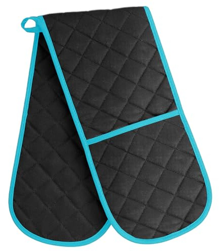 BlissLo Gants de cuisine doubles noirs résistants à la chaleur pour la cuisine, la pâtisserie, le barbecue et le barbecue – Gants de cuisine matelassés antidérapants – Gants de cuisine robustes noirs