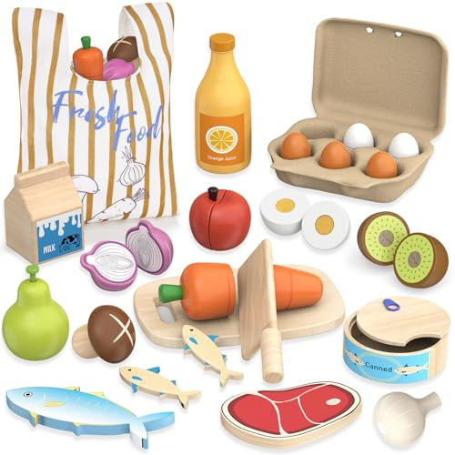 Wooden Play Food Toys for Kids - Pretend Play Kitchen Accessories for Toddlers, Cutting Food Toys for 3+ Year Old, Wooden Fruits and Vegetable Birthday Christmas Stocking Stuffers Gifts for Boys Girls