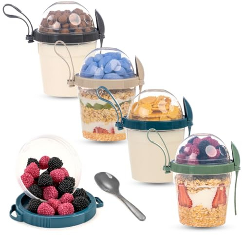 EYNEL On The Go Cereal Yogurt Cups with Lids and Spoon, Reusable Parfait Plastic Milk Breakfast Crunch Granola Oatmeal Smoothie Snack Prep Bowl (4 Colors Set With Handle, 17 oz)