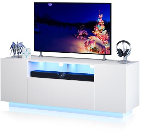 WLIVE TV-Schrank LED für Fernseher bis zu 55 Zoll, TV Lowboard mit Großem Stauraum, Fernsehtisch mit RGB LED-Beleuchtung, TV Board für Wohnzimmer Schlafzimmer, Weiß
