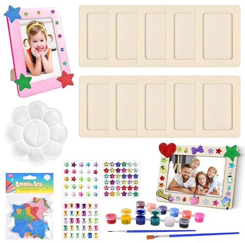 10Pcs Wooden Frames for Craft,14 x19cm DIY Picture Frames with 5 Pack Stickers & Watercolour Paint Set,Wooden Photo Frames for Painting & Decorating, Creativity Photo Frame for Kid
