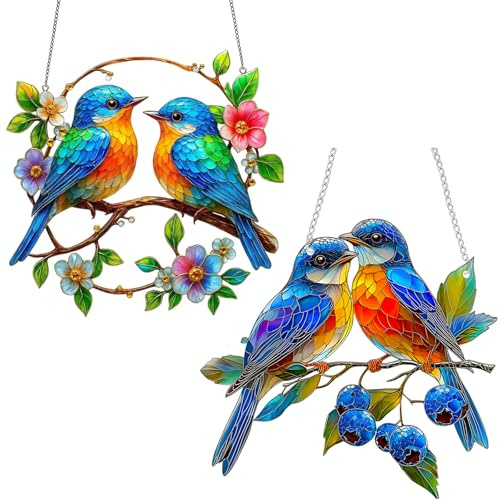 2PCS Garden Bird Hanging Ornaments,Window Decorations,Suncatchers for Windows and Garden Wall Decorations, Robin Garden Ornaments Outdoor