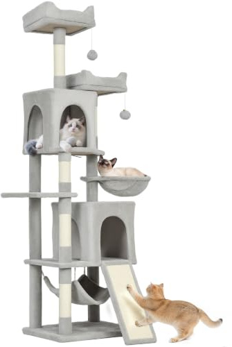 PawHut Arbre à Chat Hauteur 177 cm XXL, Tour de Jeux, Gris Clair | 3 Platesformes, 2 Niches, 2 Lits, 2 Hamacs, 1 Échelle, 2 Balles en Peluche, Griffoirs en Sisal, Plusieurs Niveaux