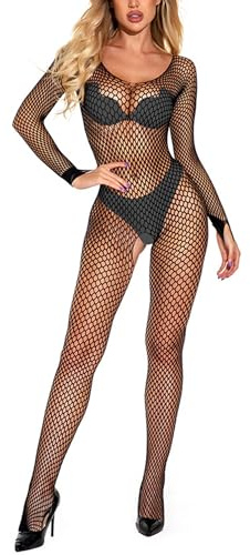 Tutina a rete donna, body trasparente manica lunga, abbigliamento sexy club, outfit festa, lingerie integrale