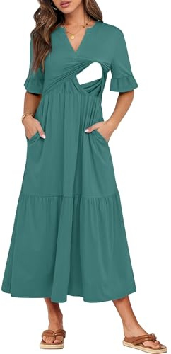 CzzzyL Womens Nursing Summer Maxi Dresses Ruffle Short Sleeve V Neck Tiered T Shirts Dress with Pockets