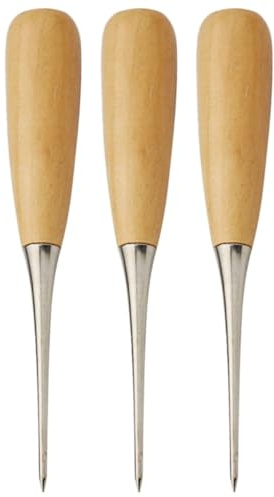 Mikikit Set 3pezzi Punteruoli Portatili in Legno e Metallo per Cucito Fai da Te, Accessori Compattti per Lavorazione Pelle e Strumenti per Cucito Manuale