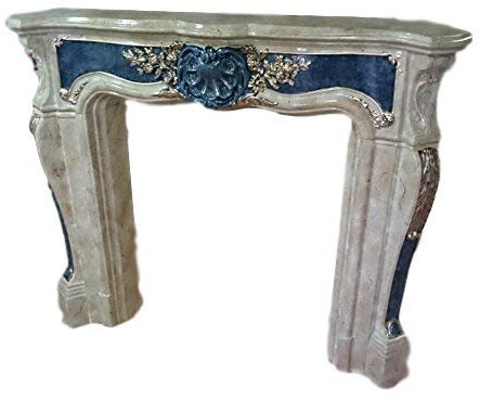 Kaminumrandung Kaminverkleidung Kaminsims Barock marmoriert cararasandbeige und cararablueperl mit Gold Breite140cm Kamin Farbe: Cararasandbeige und cararablueperl mit Gold