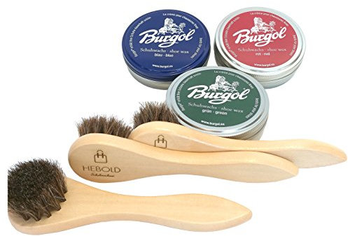 Hebold Schuhmacherei Schuhpflegeset kleines Farbset mit Burgol Schuhwachs Blau, Rot, Grün