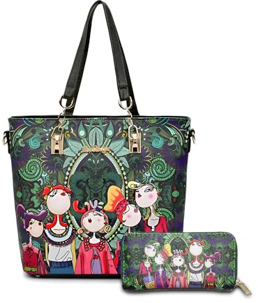 DEERWORD Mujer Bolsos de Mano Casual Bandolera Marca Mediano Totes Antirrobo Hombro Italianos PU Cuero 5705 5 piezas Verde