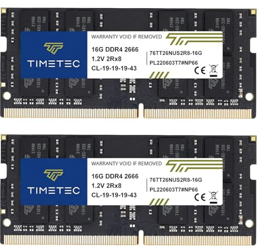 Timetec Sélectionné 32 Go KIT (2x16 Go) DDR4 2666 MHz (PC4-2666V) PC4-21300 SODIMM RAM pour ordinateur portable – 260 broches 1,2 V CL19 Non-ECC sans tampon Module de mémoire pour ordinateur portable