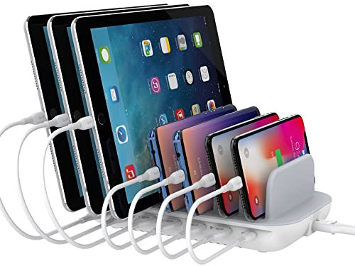 SooPii 70W Stazione di ricarica USB 7 porte per più dispositivi, caricabatterie PD da 30W, 7 cavi di ricarica inclusi, per telefoni, tablet e altro