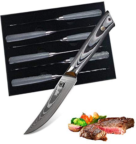 zayiko 6er Damast-Steakmesser-Set, 12,5 cm Klingen, G10-Griffe, Geschenkbox | 67 Lagen Damaststahl, VG10-Kern mit 60 ± 2 HRC sowie glatter 15° V-Schneide für saubere Schnitte durch Steak und BBQ-Fleisch.