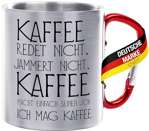 Crealuxe Edelstahltasse mit Karabiner - Kaffee redet, jammert nicht... - 330ml, Tasse bedruckt, Kaffeetasse, Bürotasse, Metalltasse mit Name
