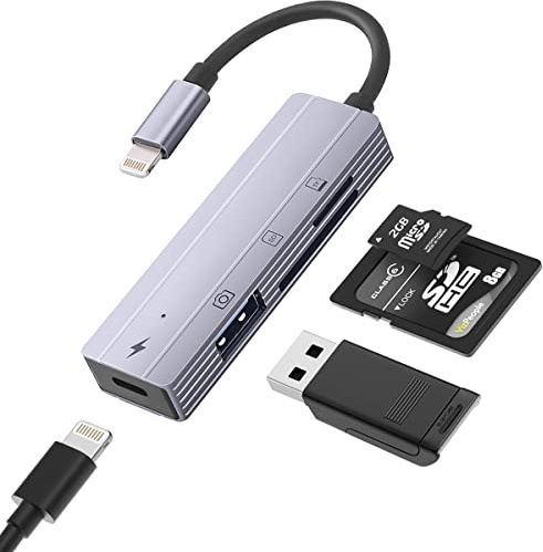 Kamera-SD-Speicherkartenleser für iPhone [Apple MFi-zertifiziert], IVSHOWCO iPhone auf USB-Adapter, 4-in-1 Lightning-Stecker auf USB-Buchse, OTG-Kabel-Adapter für iPhone 13 12 11 Xr X XS 8 7 Plus iPad