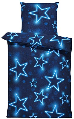 one-home Winter Bettwäsche 135x200 cm Sterne dunkel blau leuchtoptik Flausch Thermofleece