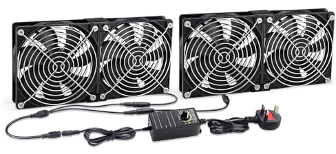 GDSTIME 4 x 120mm Computer Fan with AC 220V 230V 240V Powered UK Plug 4V-12V Speed Controller Dual Ball Big Airflow 120mm x 25mm Server Rack Cooling Fan For Laptop Workstation Ventilation