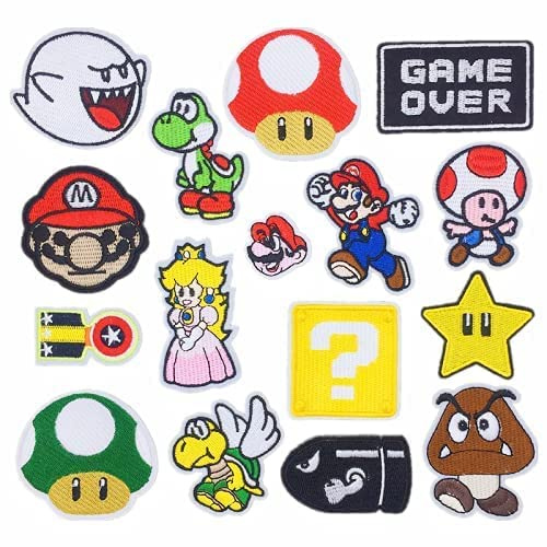 16Pcs Mario-Aufnäher zum Aufbügeln,Flicken zum Aufbügeln,Patches zum Aufbügeln,Jeansflicken Draufbügeln,Bügelbilder für Textilien,Super Mario Bros ​Videospiele Bestickt,Aufnäher für Kleidung