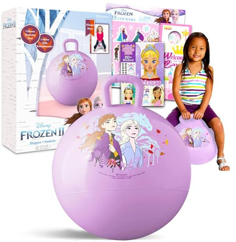 Disney Frozen Hopper Ball for Kids - Bundle with 15 Inch Frozen Bouncy Ball Featuring Elsa and Anna with Handle Plus Bonus Stickers and More (Frozen Outdoor Toys)