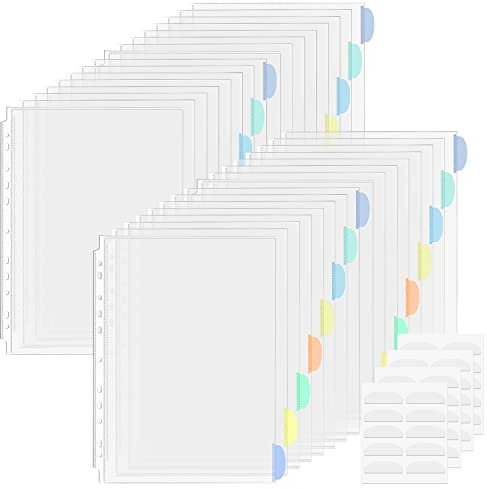 32 Pcs Punched Pockets A4 Plastic Sleeves with Tab Divider for Binder Folder Clear Poly Pockets Top-Opening 11 Holes Binder Pocket for School Office Home
