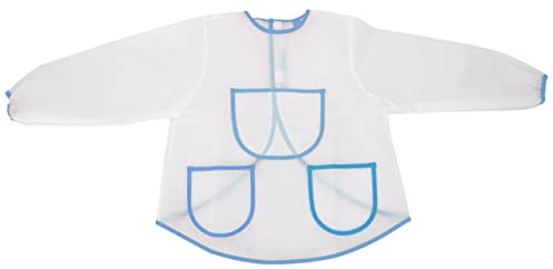 Malschürze Bastelschürze Malkittel für Kinder, Langarm mit Klettverschluss, wasserdicht wiederverwendbar, transparenter Stoff mit farbiger Paspelierung (mit blauer Paspelierung)