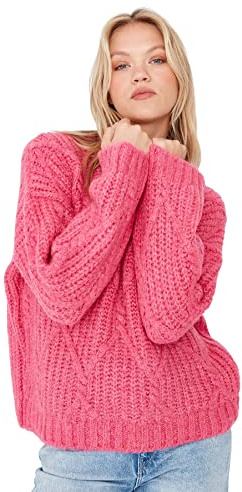 Trendyol Suéter Liso de Gran tamaño con Cuello Redondo Sudadera, Fucsia, M para Mujer