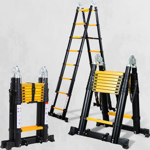 SWANEW Scala telescopica in alluminio da 5 m, con ruote rimovibili, scaletta pieghevole, antiscivolo, scala allungabile multiuso, portata 150 kg (2,5 + 2,5 m), Nero